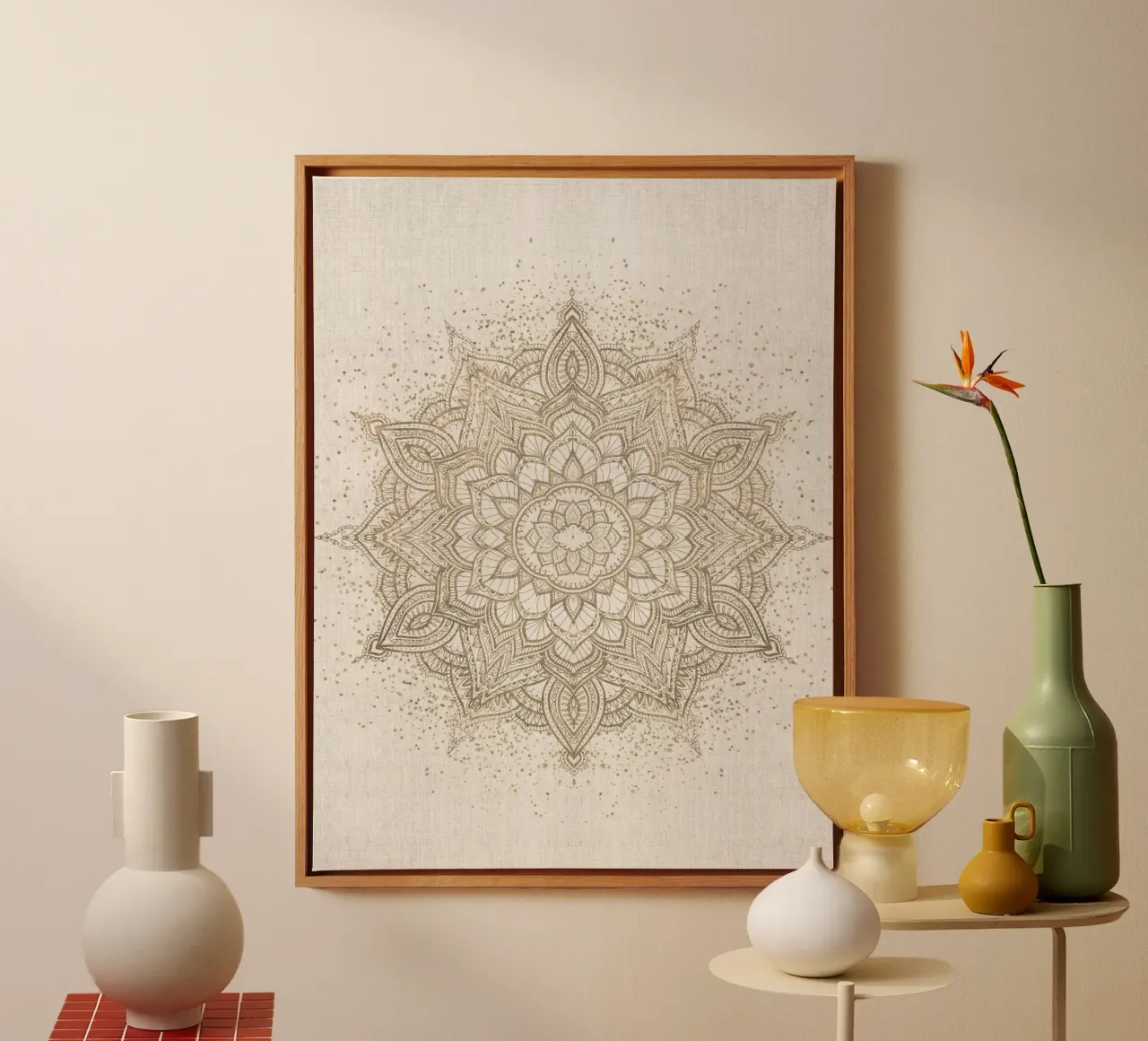 Mandala boho scintillante oro e avorio beige tela con Cornice a cassetta da Bloomery Decor