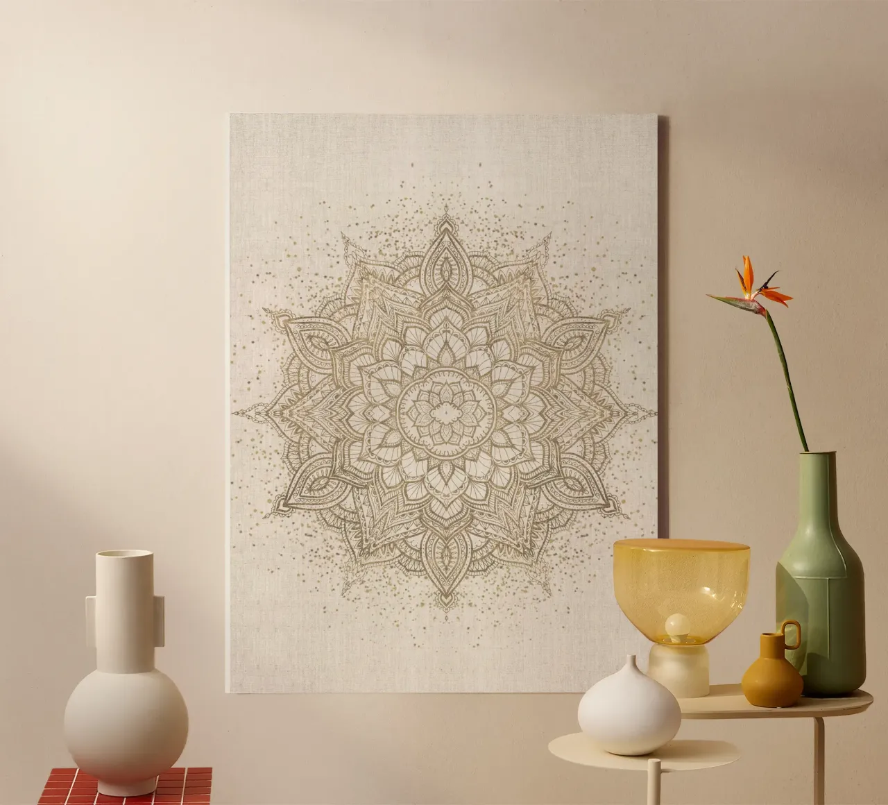 Mandala boho scintillante oro e avorio beige tela con Cornice a cassetta da Bloomery Decor