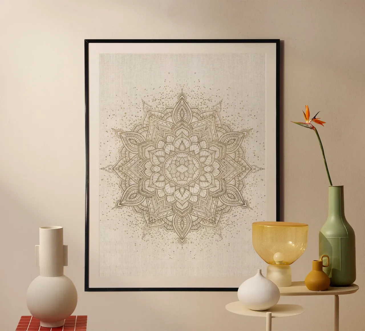 Mandala boho scintillante oro e avorio beige carta hahnemühle da Bloomery Decor