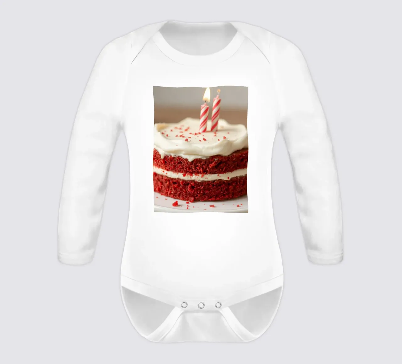 Delicious red velvet cake adorned with candles and sprinkles long-sleeve baby romper by DesignDoodle