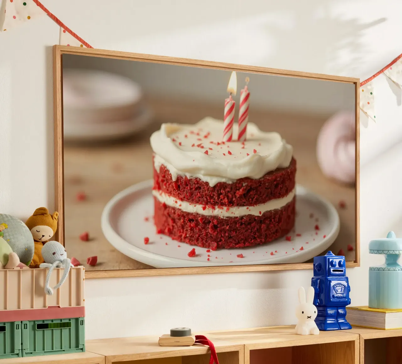 Deliciosa tarta de terciopelo rojo adornada con velas y chispitas metacrilato de DesignDoodle
