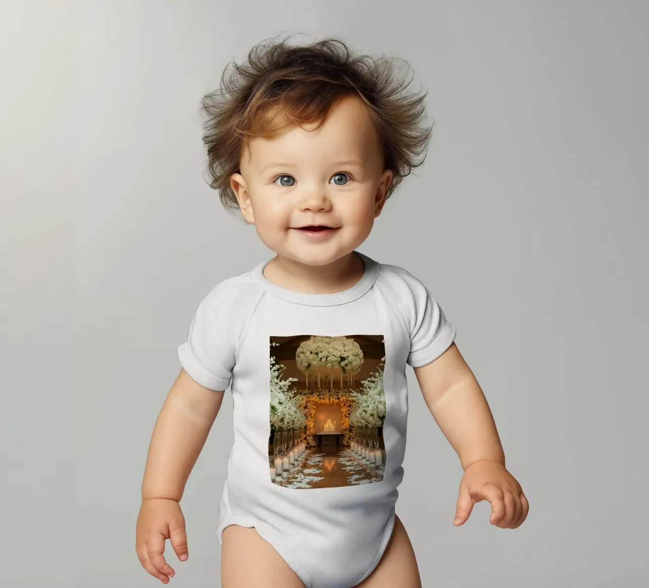 Blumendekoration schafft eine romantische Atmosphäre für die Hochzeit Kurzarm Babybody von DesignDoodle