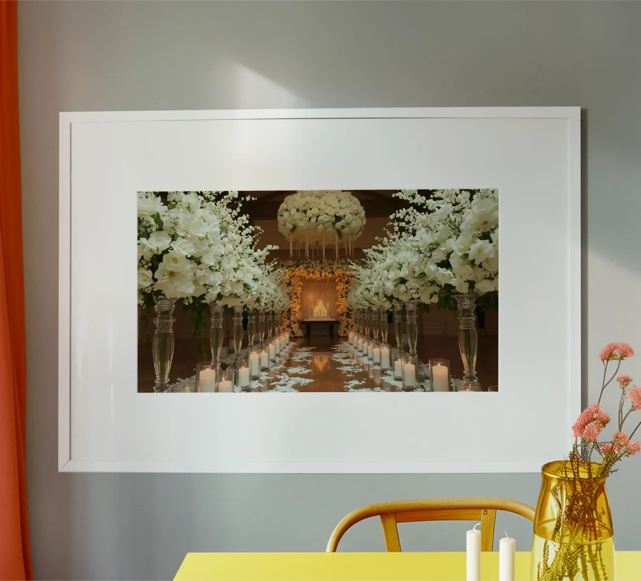 Blumendekoration schafft eine romantische Atmosphäre für die Hochzeit Poster mit Kunststoffrahmen von DesignDoodle