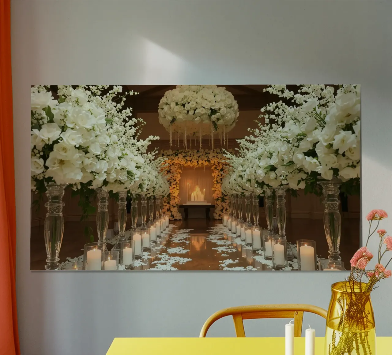 Blumendekoration schafft eine romantische Atmosphäre für die Hochzeit Poster mit Kunststoffrahmen von DesignDoodle