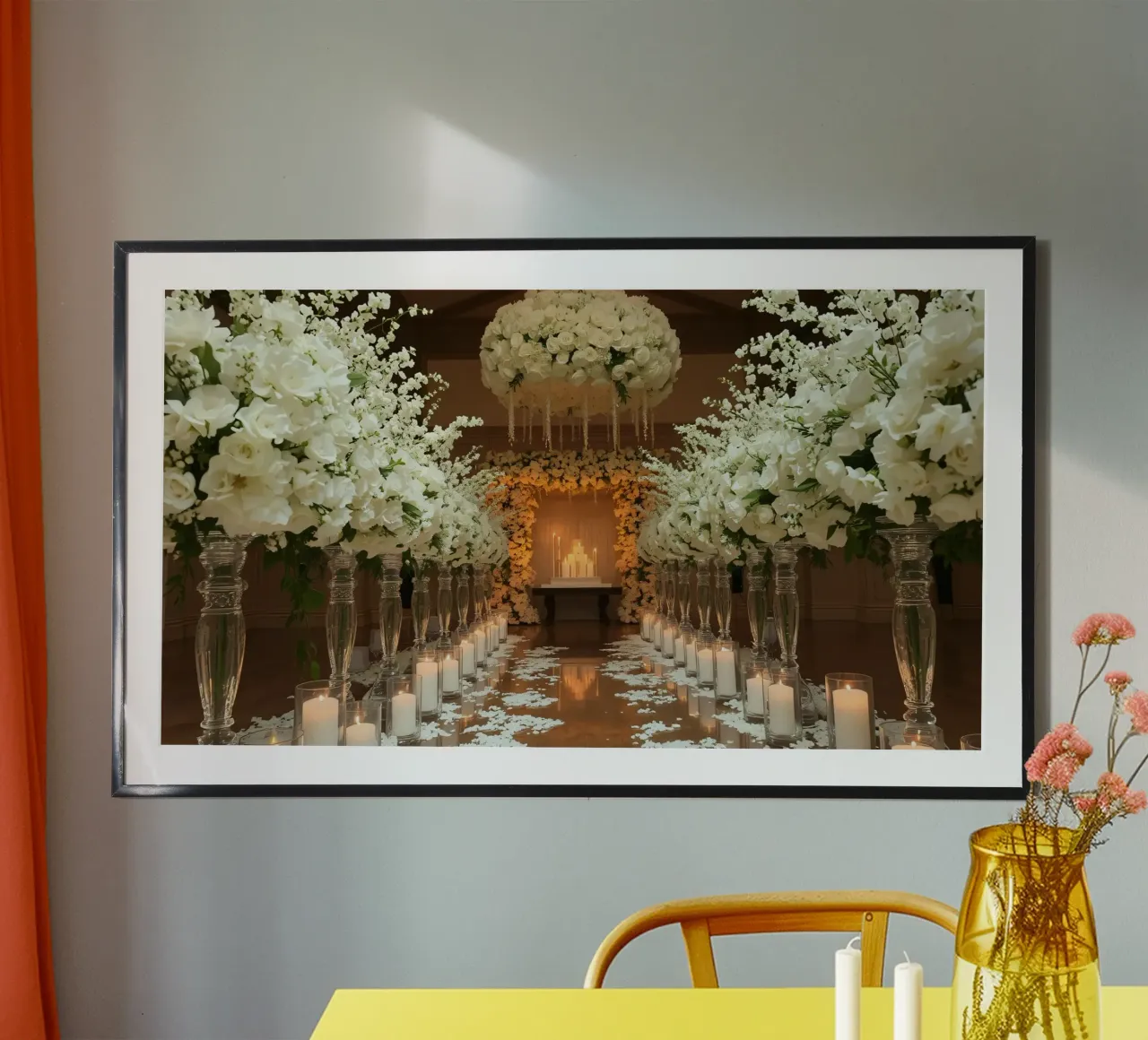 Blumendekoration schafft eine romantische Atmosphäre für die Hochzeit Poster mit Kunststoffrahmen von DesignDoodle