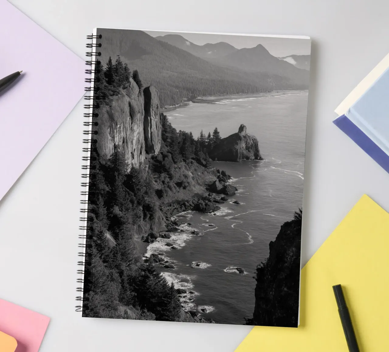 Black and White Coastal Cliffs spiral notebook by Indigo Tides Art