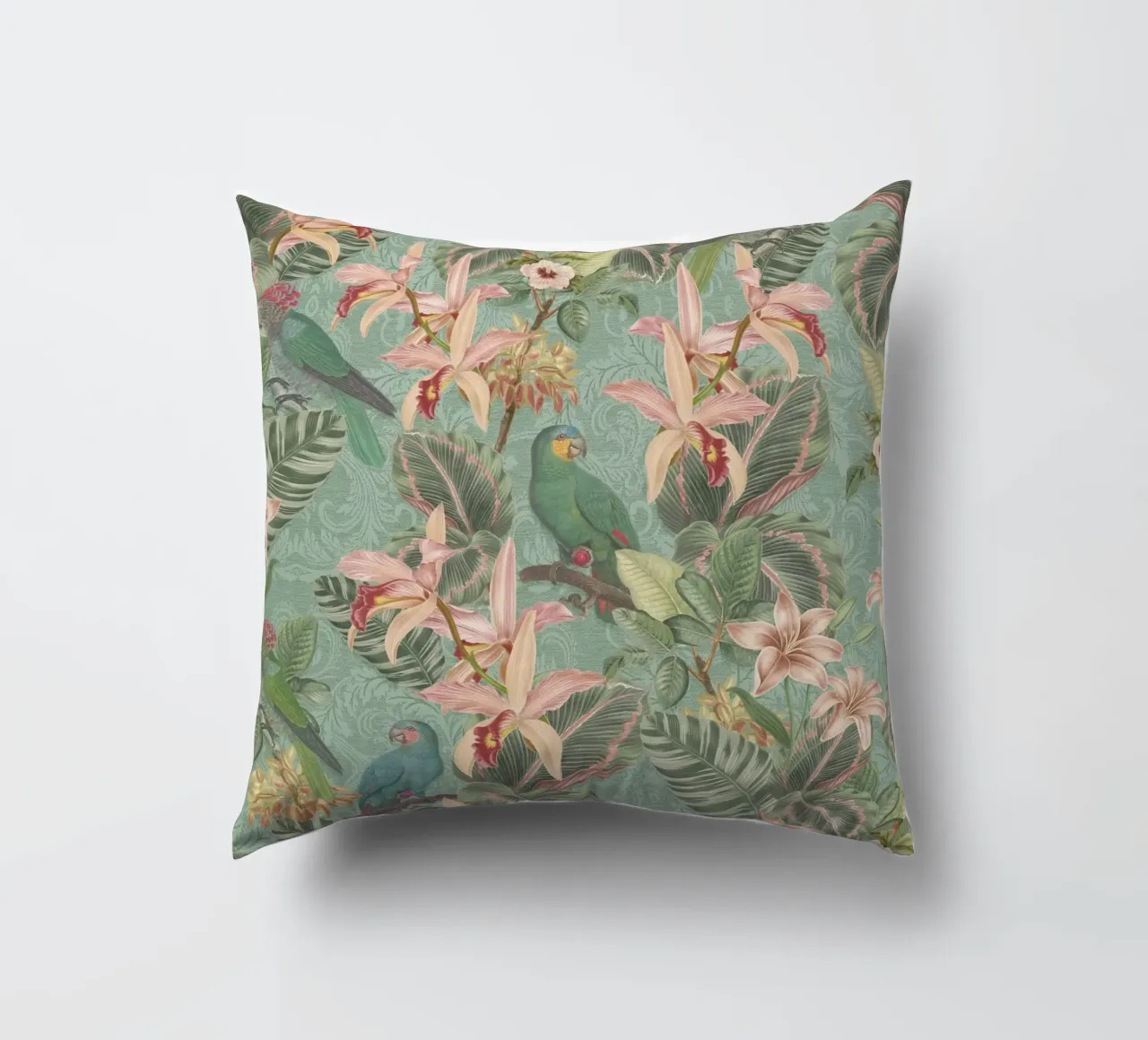 Uccelli della giungla tropicale, pappagalli d'epoca e fiori esotici cuscino da Bloomery Decor