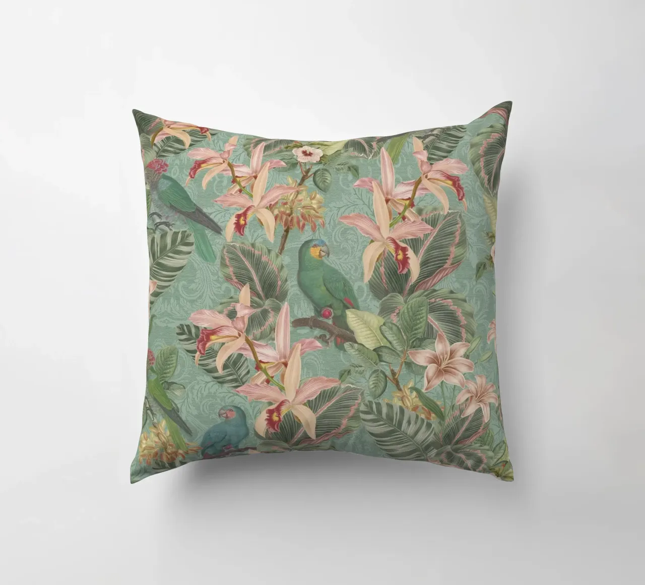 Uccelli della giungla tropicale, pappagalli d'epoca e fiori esotici cuscino da Bloomery Decor
