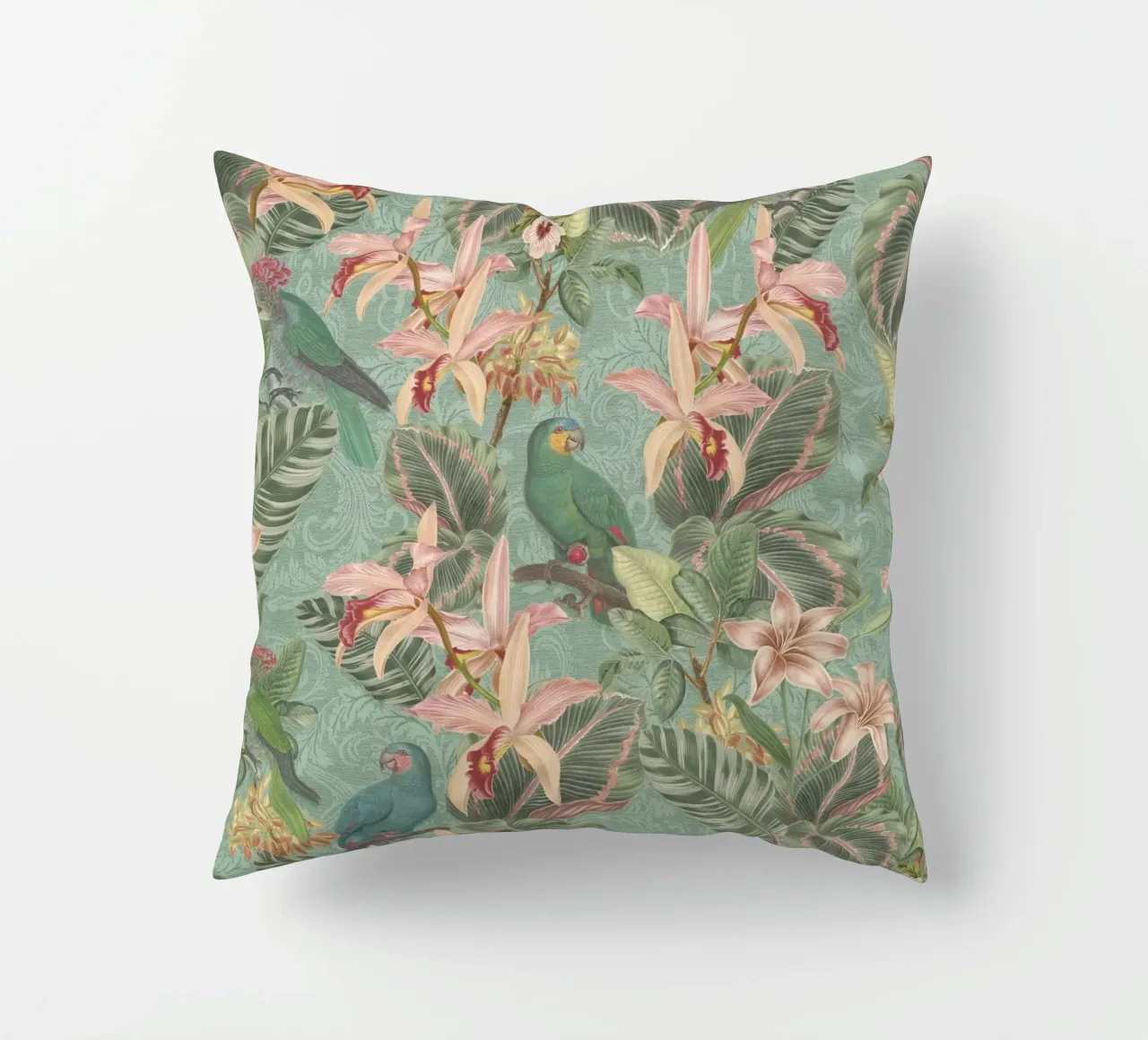 Uccelli della giungla tropicale, pappagalli d'epoca e fiori esotici cuscino da Bloomery Decor