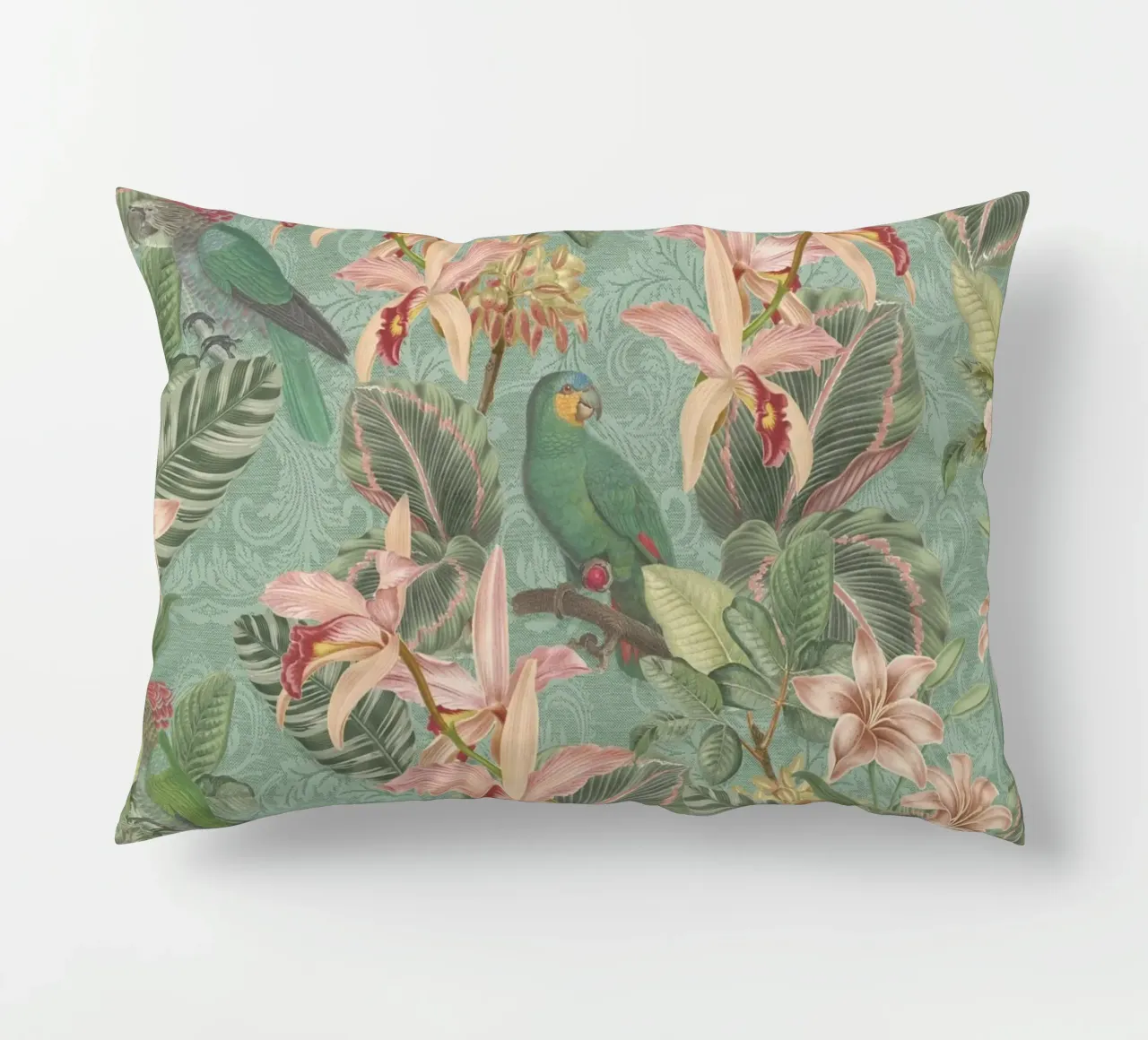 Uccelli della giungla tropicale, pappagalli d'epoca e fiori esotici cuscino da Bloomery Decor