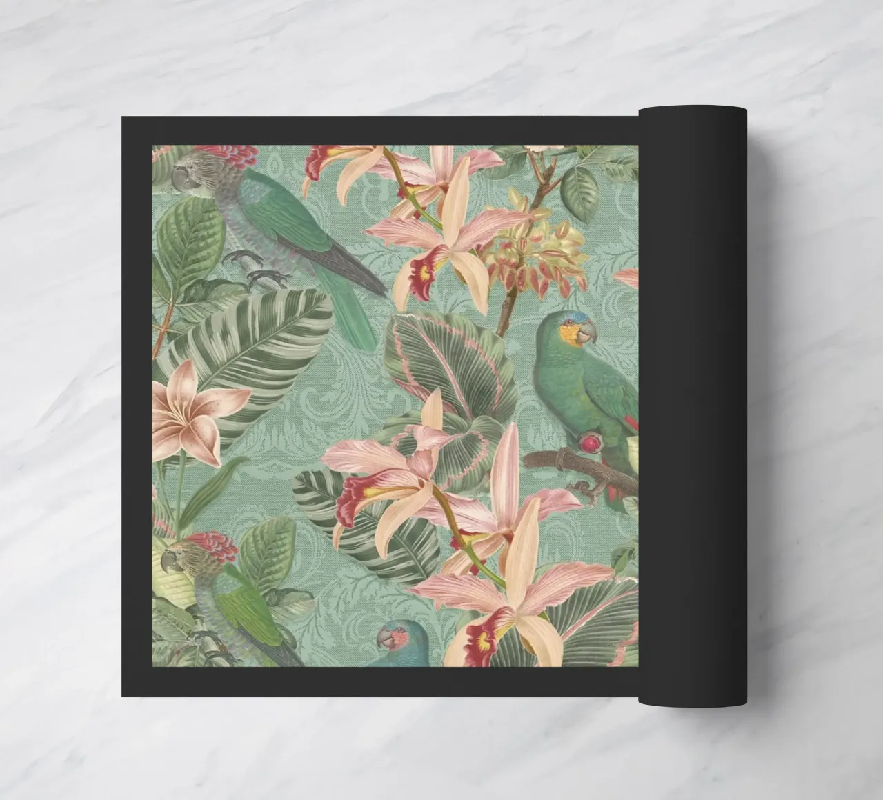 Uccelli della giungla tropicale, pappagalli d'epoca e fiori esotici zerbino da Bloomery Decor