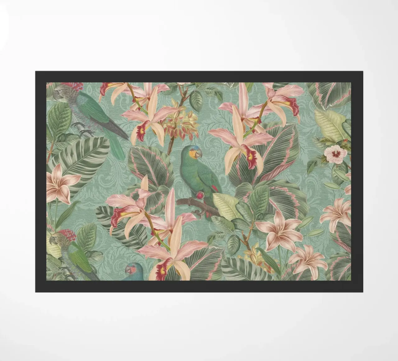 Uccelli della giungla tropicale, pappagalli d'epoca e fiori esotici zerbino da Bloomery Decor