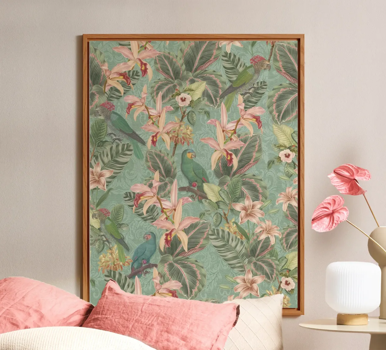 Uccelli della giungla tropicale, pappagalli d'epoca e fiori esotici alluminio dibond da Bloomery Decor