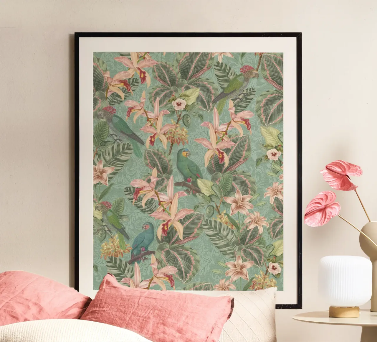 Uccelli della giungla tropicale, pappagalli d'epoca e fiori esotici carta hahnemühle da Bloomery Decor