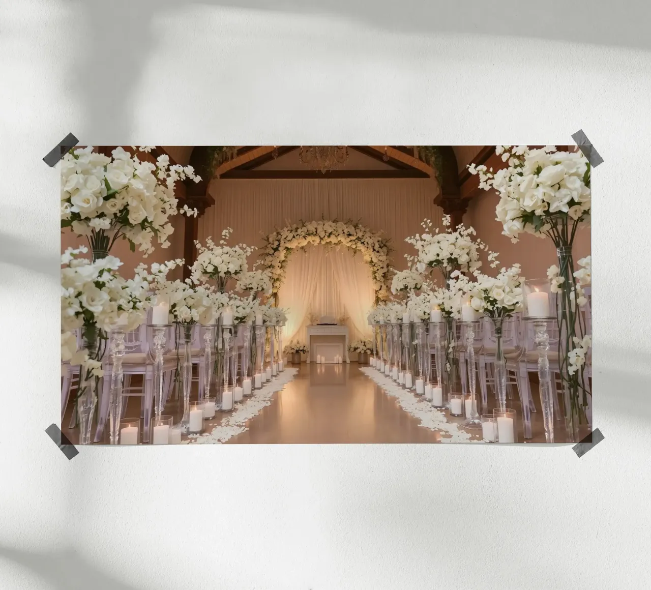 Elegante cerimonia di matrimonio al chiuso con decorazioni floreali bianche poster da DesignDoodle