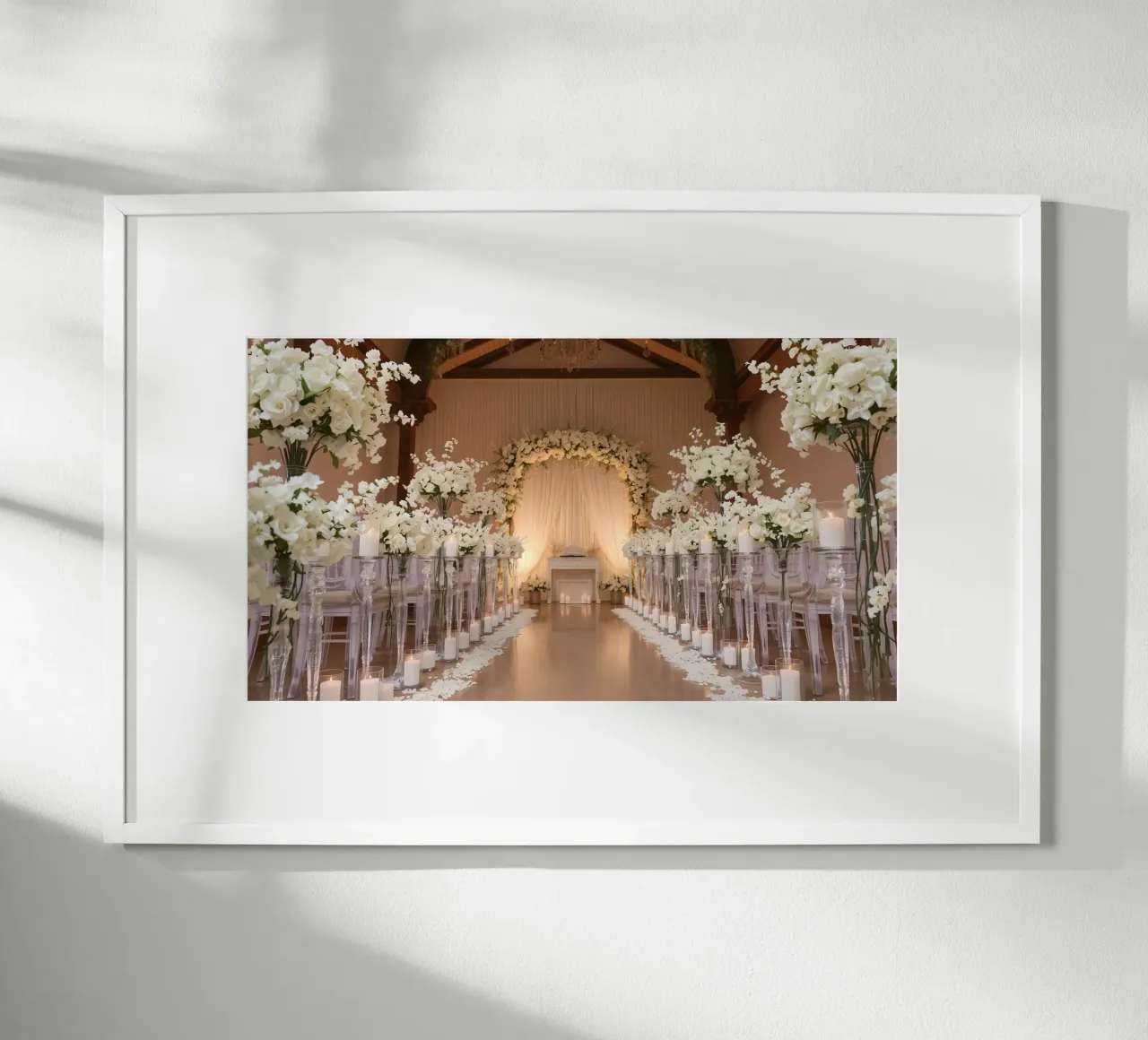 Elegante cerimonia di matrimonio al chiuso con decorazioni floreali bianche poster da DesignDoodle