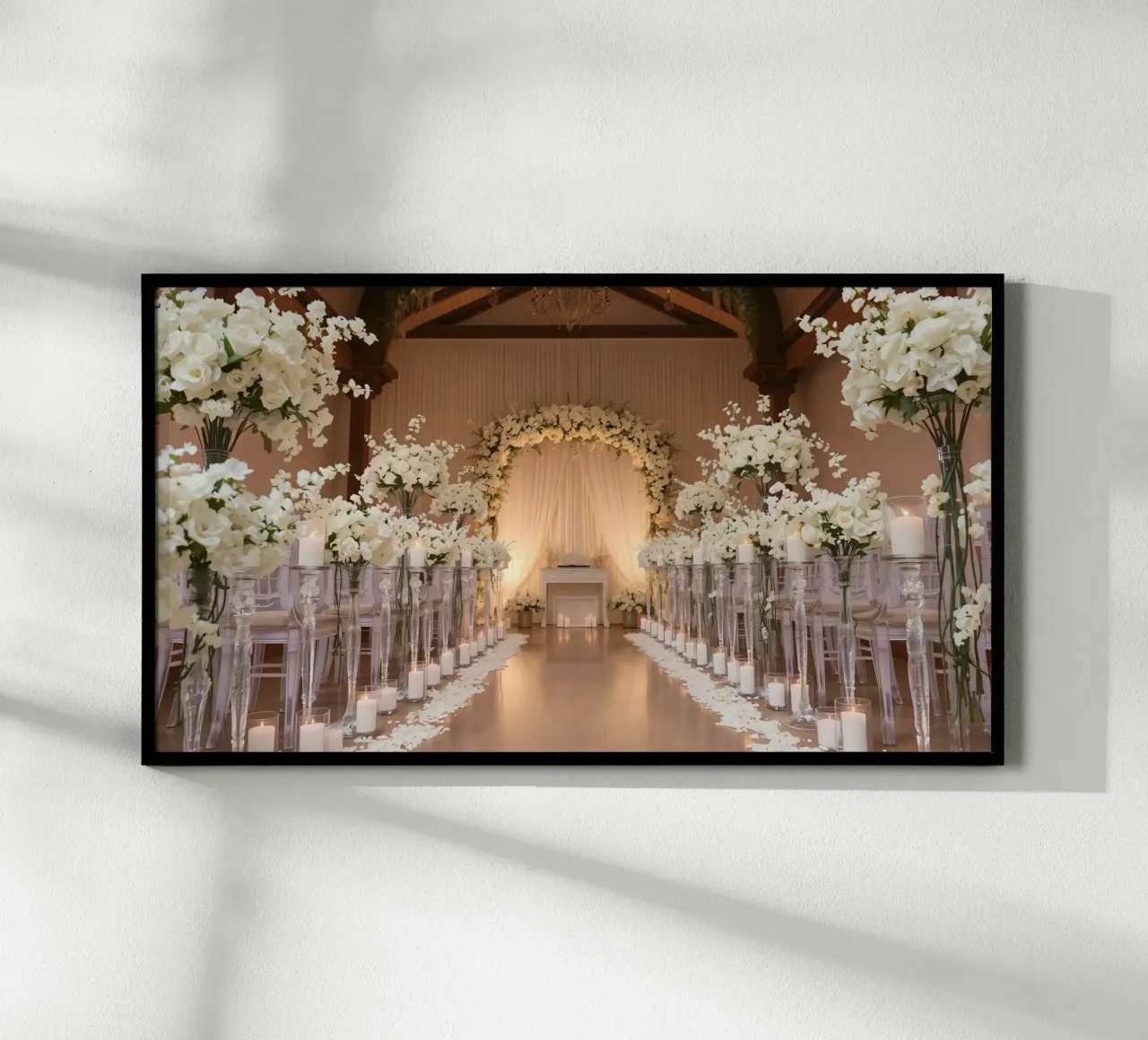 Elegante cerimonia di matrimonio al chiuso con decorazioni floreali bianche poster da DesignDoodle