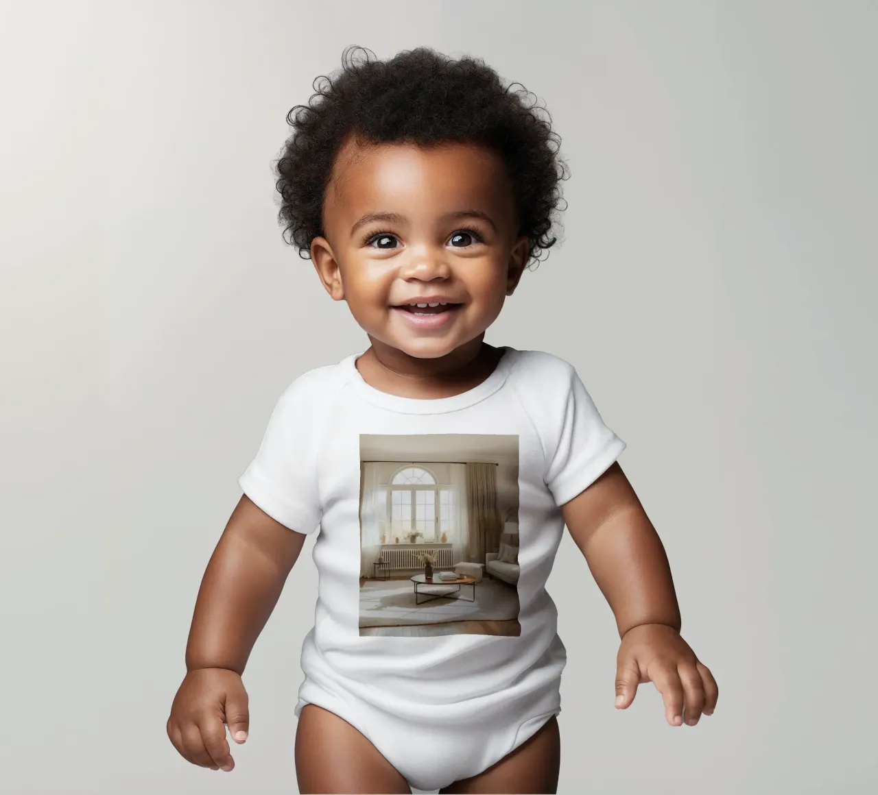 Gezellige woonkamer met grote ramen en warm zonlicht babyrompertje korte mouwen van DesignDoodle