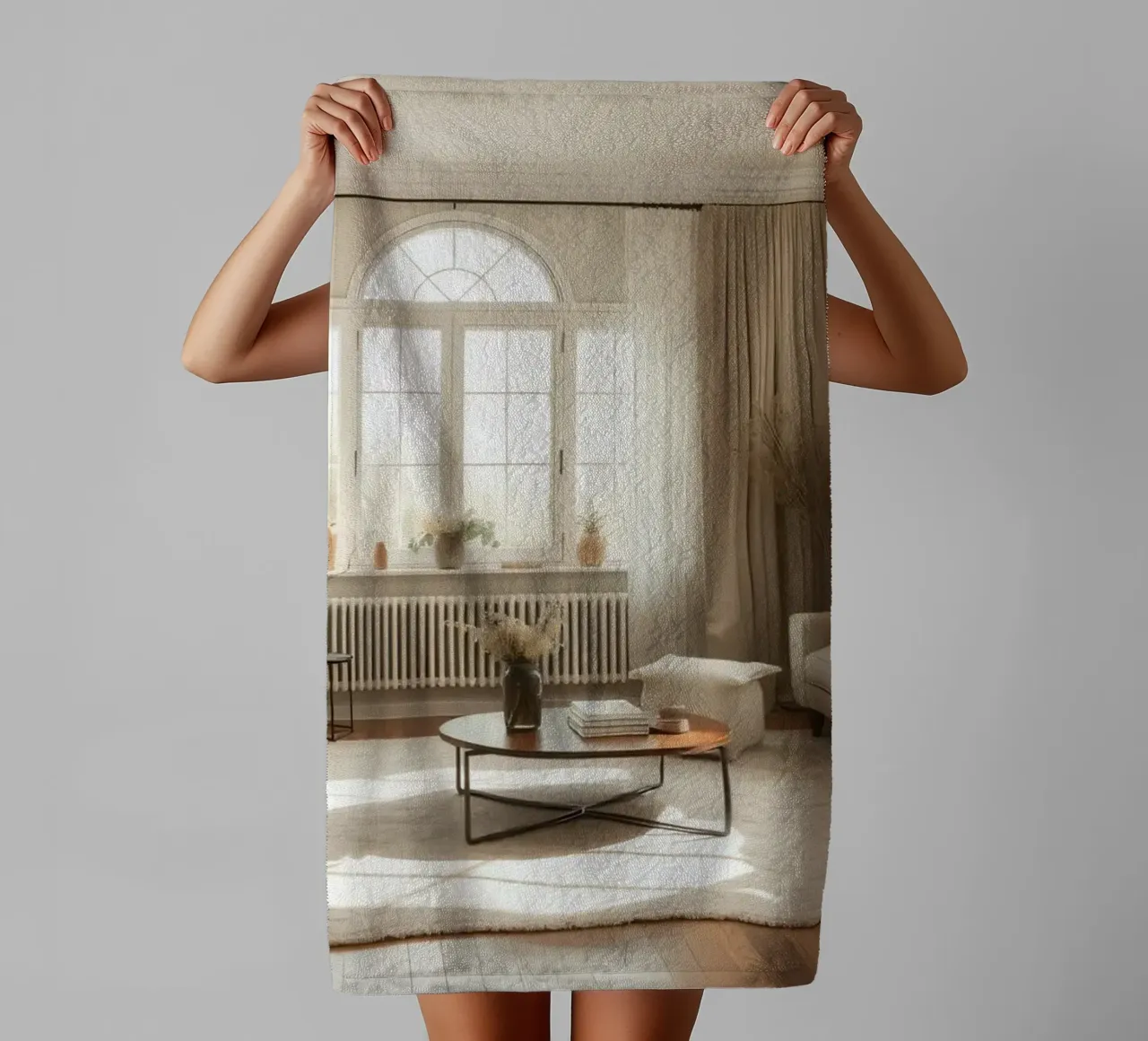 Gezellige woonkamer met grote ramen en warm zonlicht badhanddoek van DesignDoodle