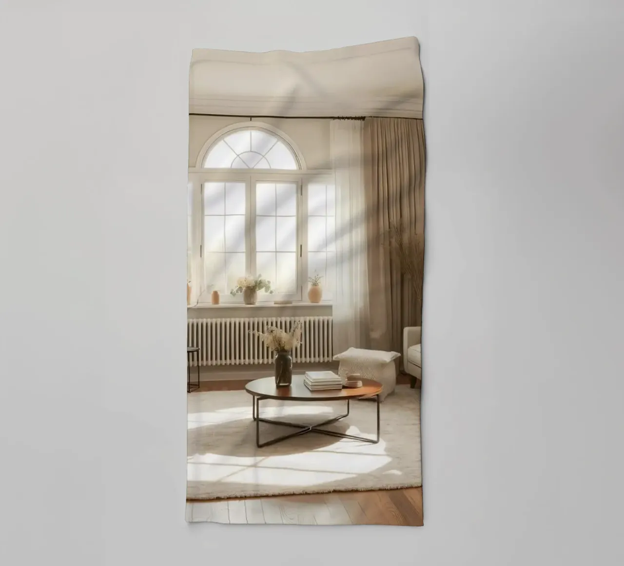 Gezellige woonkamer met grote ramen en warm zonlicht badhanddoek van DesignDoodle