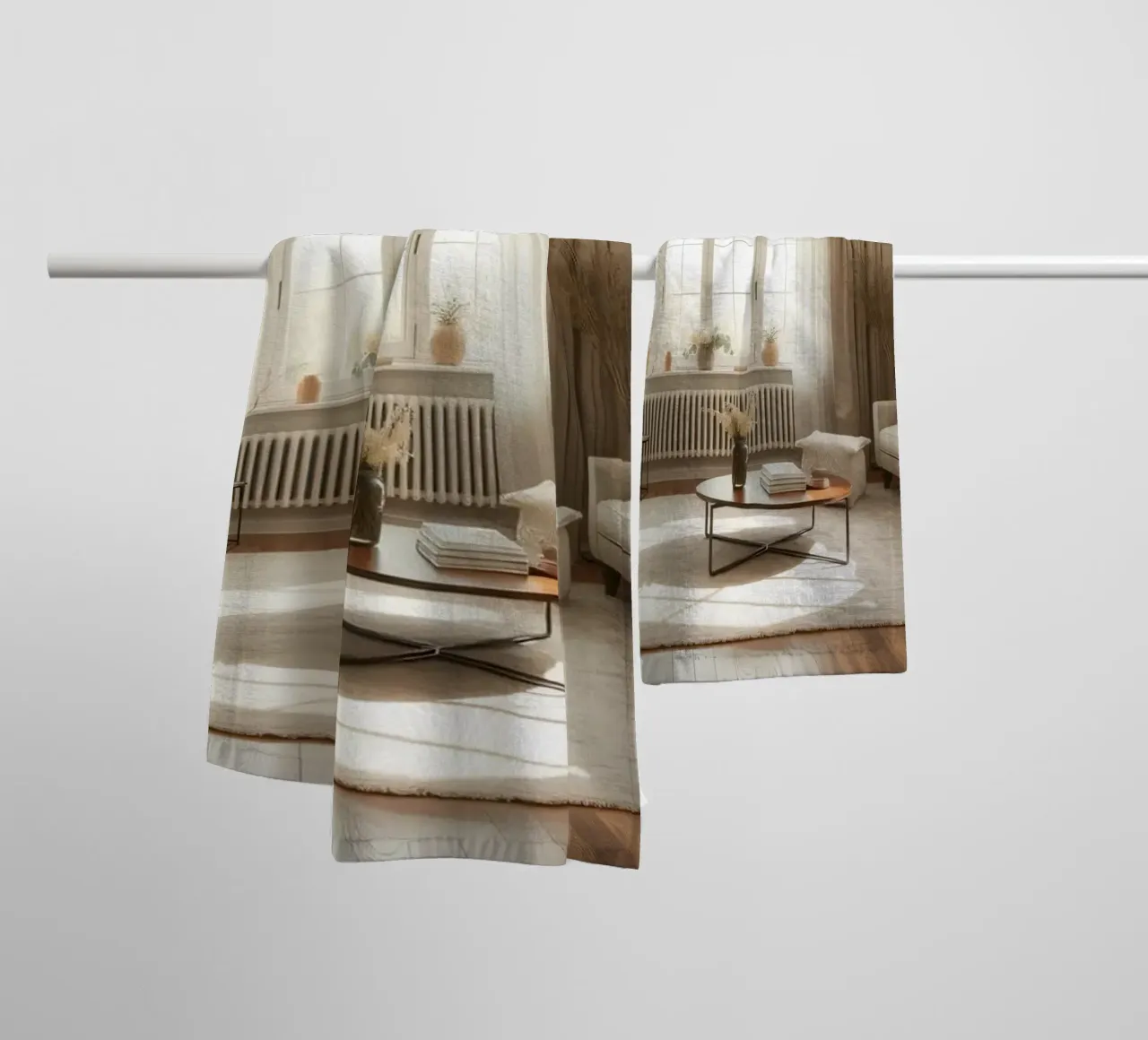 Gezellige woonkamer met grote ramen en warm zonlicht badhanddoek van DesignDoodle
