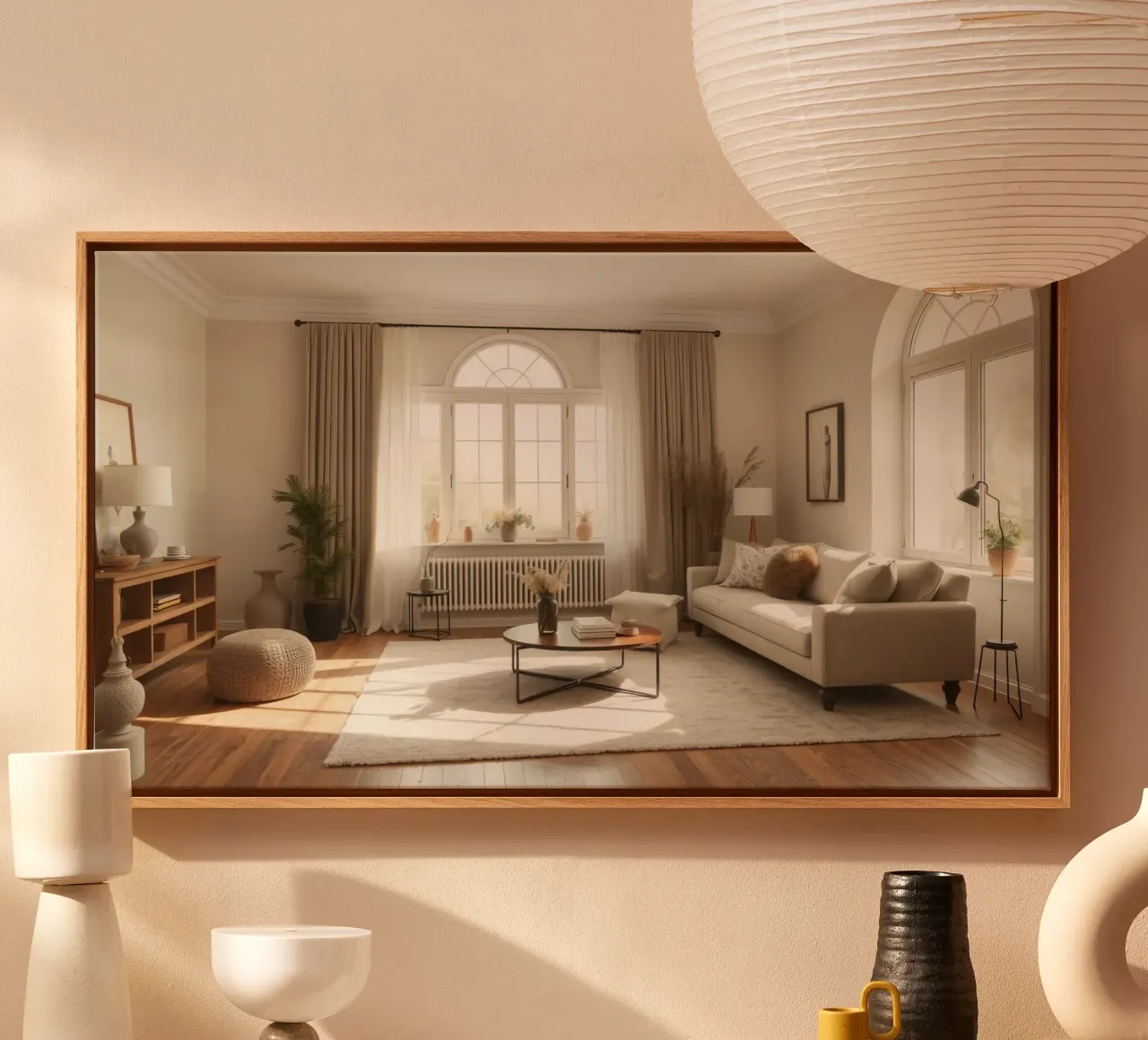 Gezellige woonkamer met grote ramen en warm zonlicht canvas van DesignDoodle