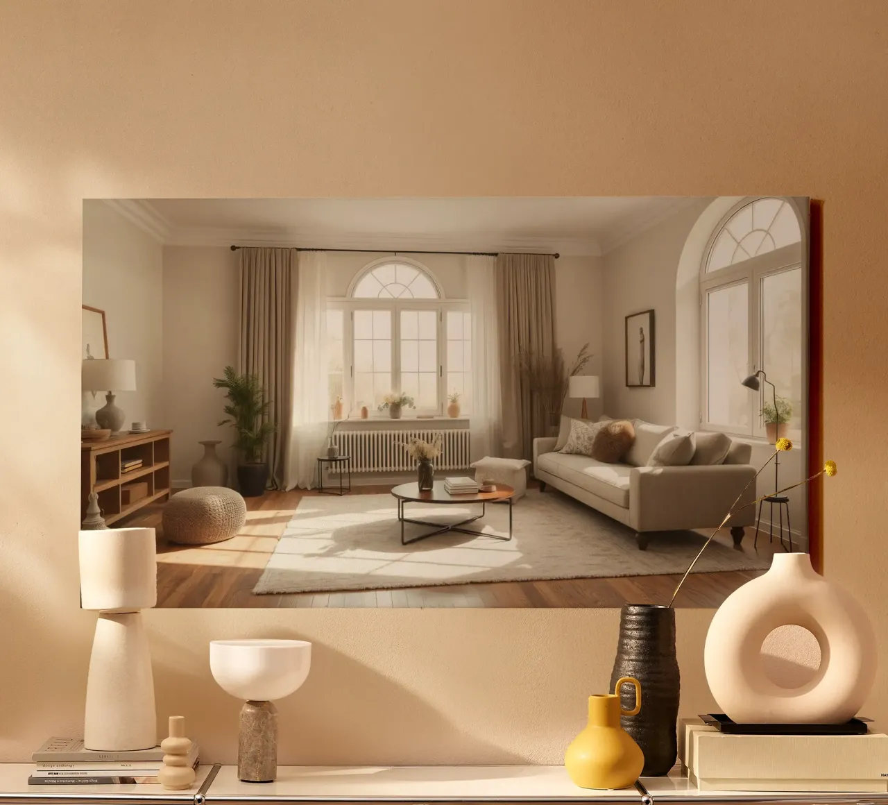 Gezellige woonkamer met grote ramen en warm zonlicht canvas van DesignDoodle