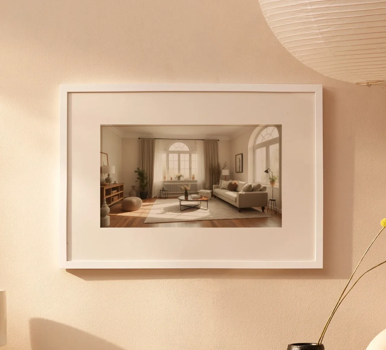 Gezellige woonkamer met grote ramen en warm zonlicht poster met aluminium frame van DesignDoodle