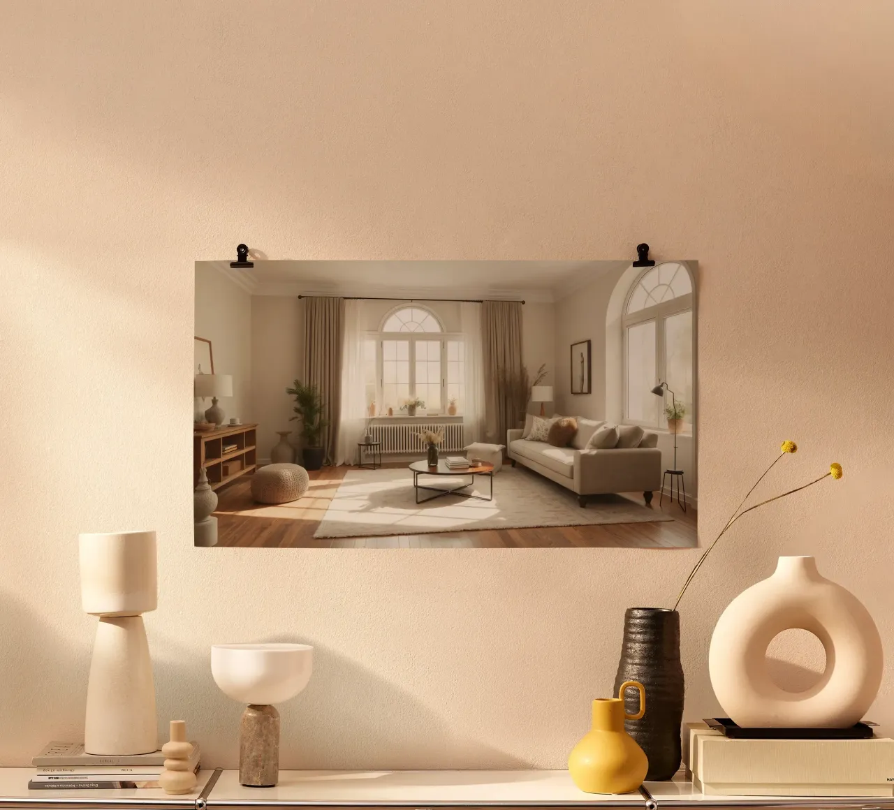 Gezellige woonkamer met grote ramen en warm zonlicht poster met aluminium frame van DesignDoodle