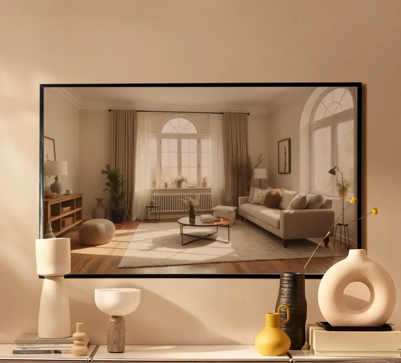 Gezellige woonkamer met grote ramen en warm zonlicht poster met aluminium frame van DesignDoodle