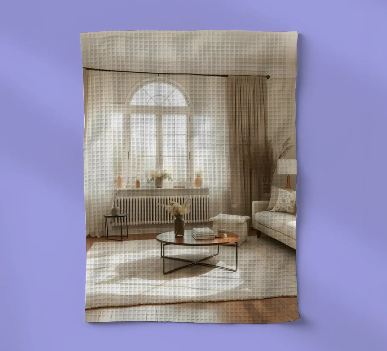 Salon confortable avec de grandes fenêtres et une lumière solaire chaleureuse torchon de DesignDoodle