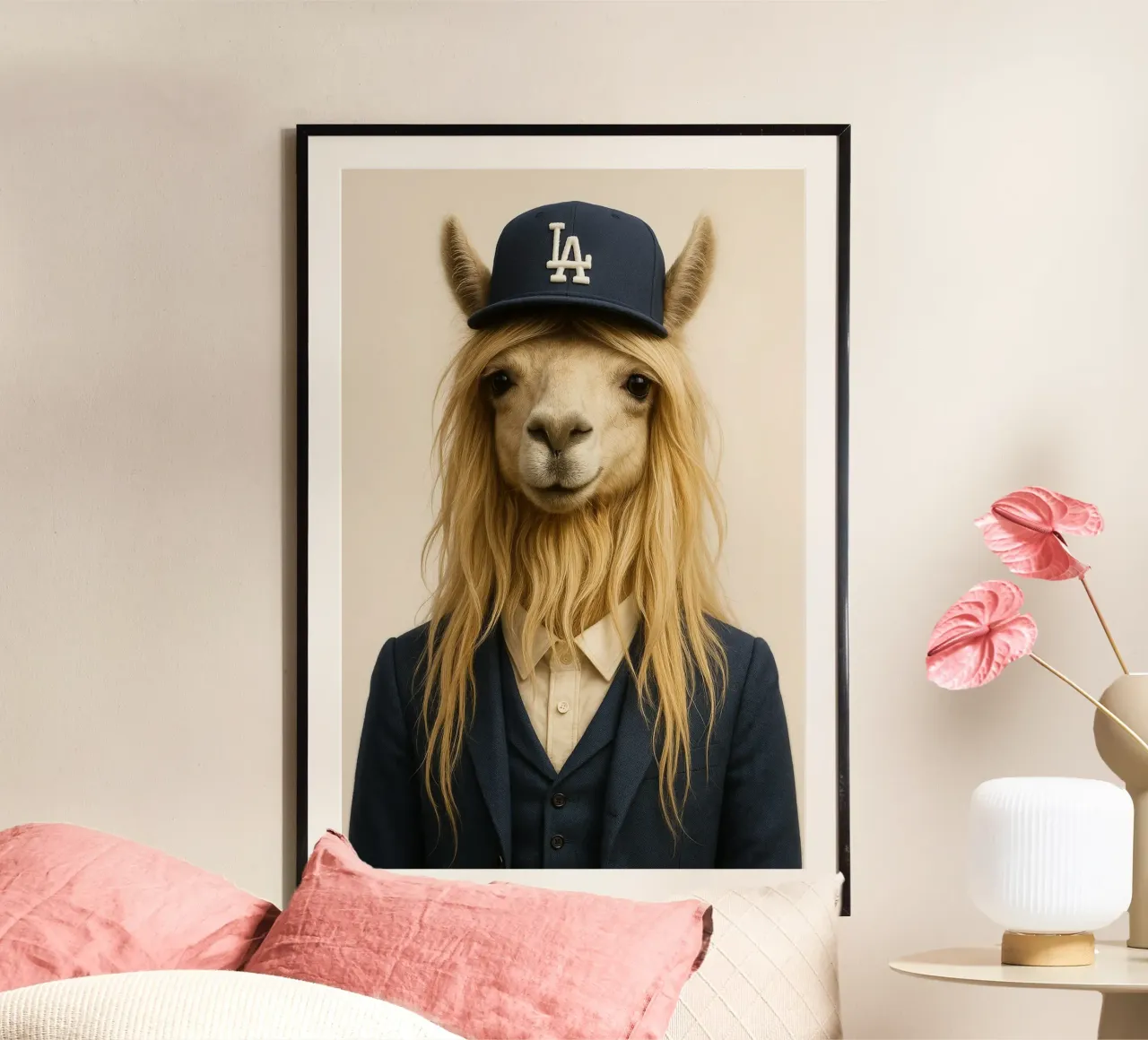 Los Angeles - Lama Chic en Costume & Casquette poster con telaio in plastica da So Cute Land - Affiches et posters
