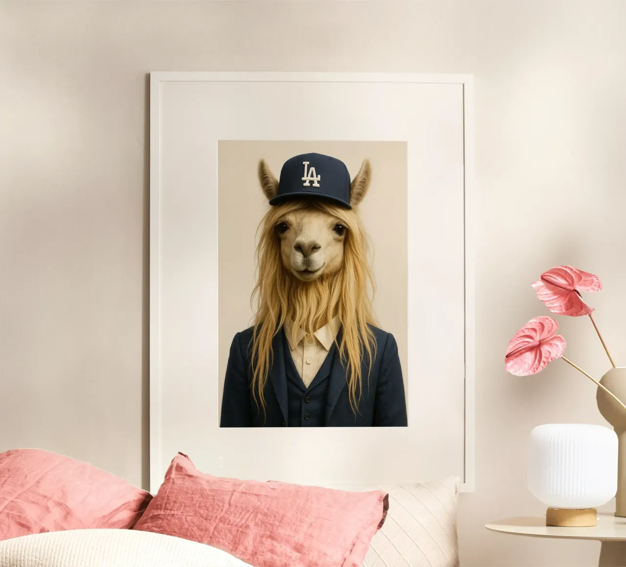 Los Angeles - Lama Chic en Costume & Casquette poster con telaio in plastica da So Cute Land - Affiches et posters