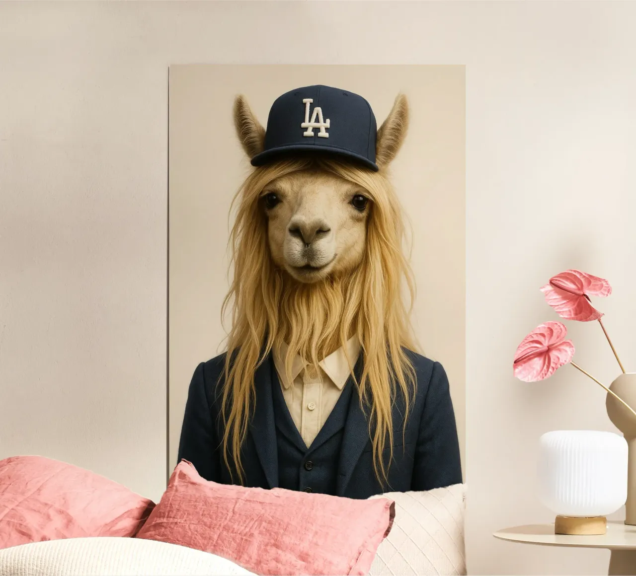 Los Angeles - Lama Chic en Costume & Casquette poster con telaio in plastica da So Cute Land - Affiches et posters