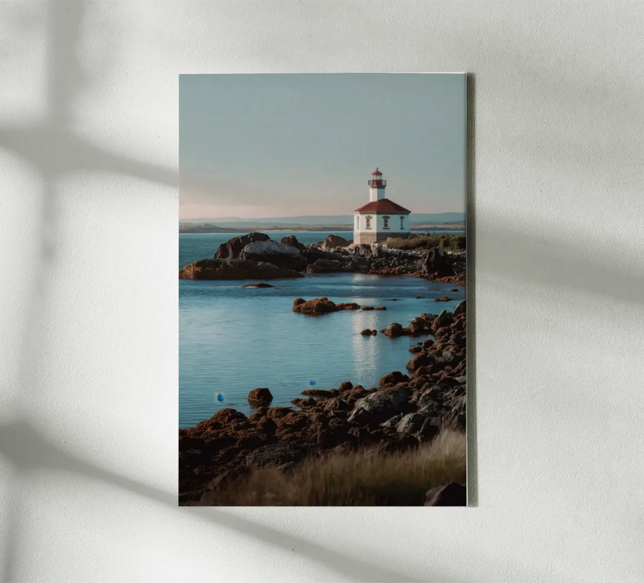 Lighthouse at Sunset canvas with Floater frame by Indigo Tides Art