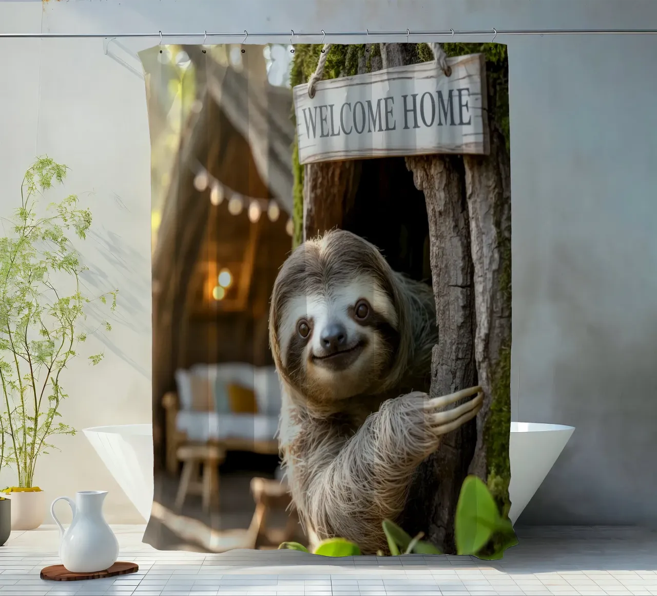 Welcome home Faultier shower curtain by SlothStella