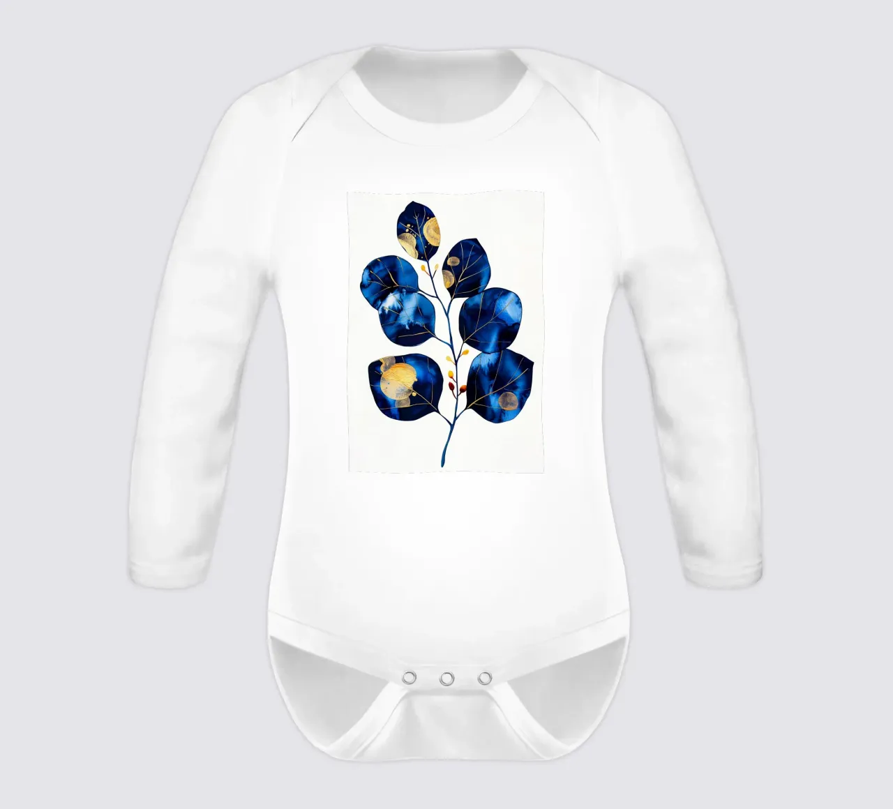 Blue eucalyptus leaves long-sleeve baby romper by Justyna Jaszke JBJart