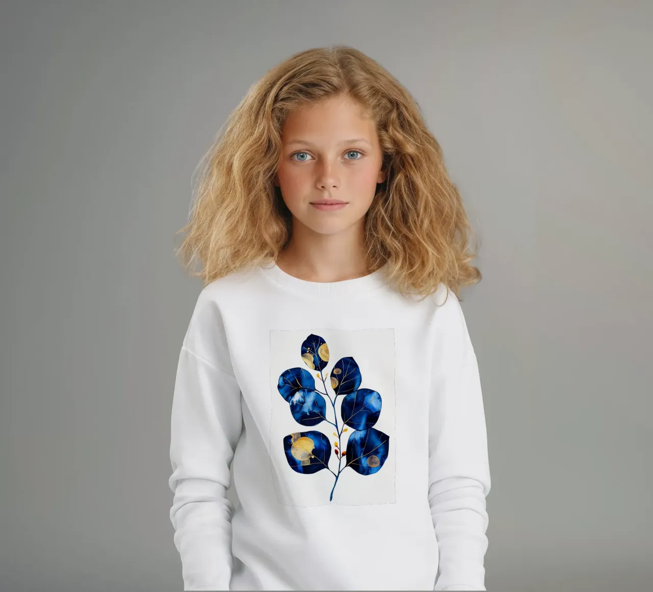 Blue eucalyptus leaves kids sweatshirt by Justyna Jaszke JBJart