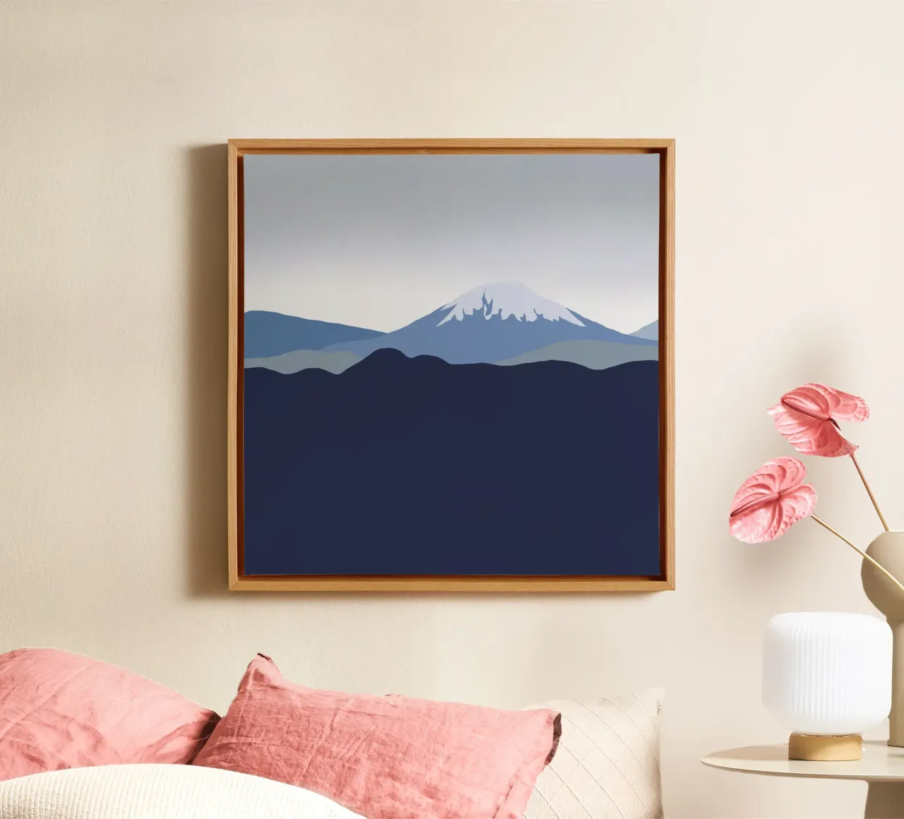 Snow mountain from afar canvas with Floater frame by Little Dean