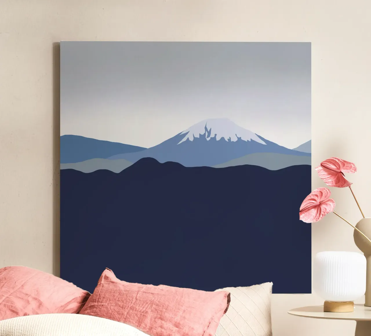 Snow mountain from afar canvas with Floater frame by Little Dean