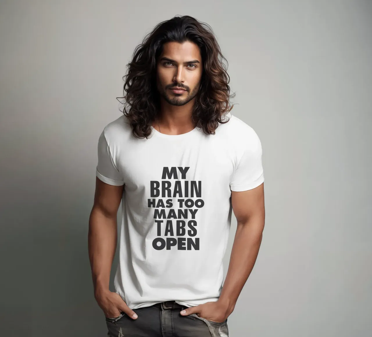 My Brain Has Too Many Tabs Open Typography Print in Grey t-shirt by THE MOTIVATED TYPE