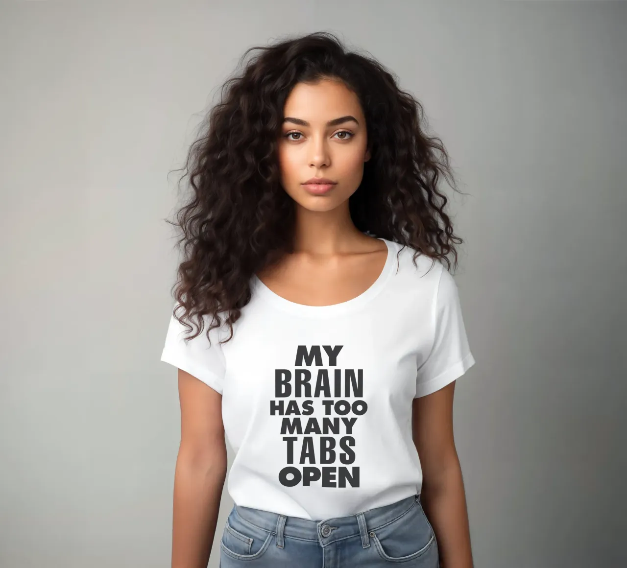 My Brain Has Too Many Tabs Open Typography Print in Grey women's fitted t-shirt by THE MOTIVATED TYPE