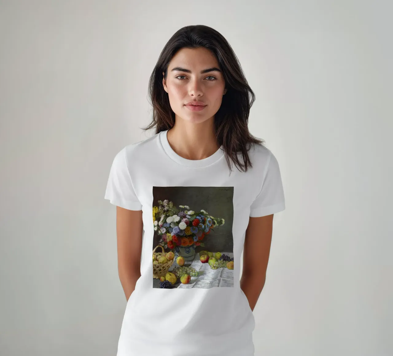 "Natura morta con fiori e frutta (1869) di Claude Monet t-shirt da Pretty Flowers Vintage Botanicals