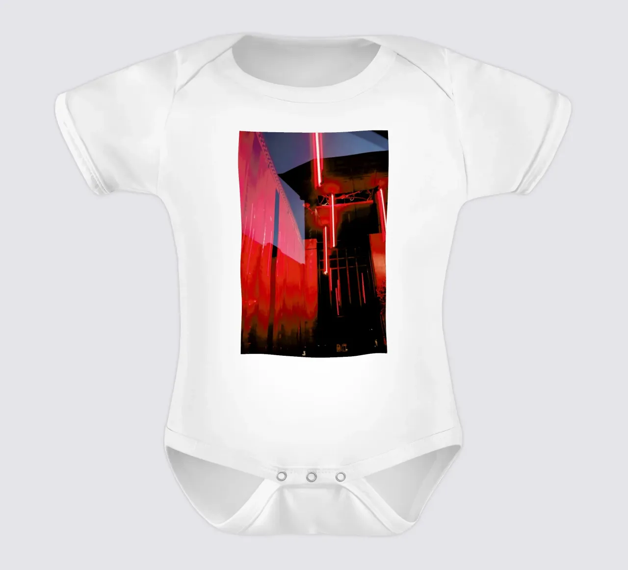 Red Room short-sleeve baby romper by Sebastian Hilgetag