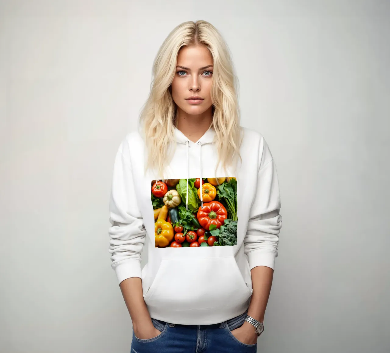 Fresco surtido de coloridas verduras y hortalizas en un loca sudadera con capucha de DesignDoodle