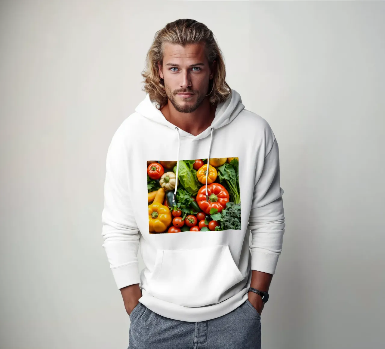 Fresco surtido de coloridas verduras y hortalizas en un loca sudadera con capucha de DesignDoodle