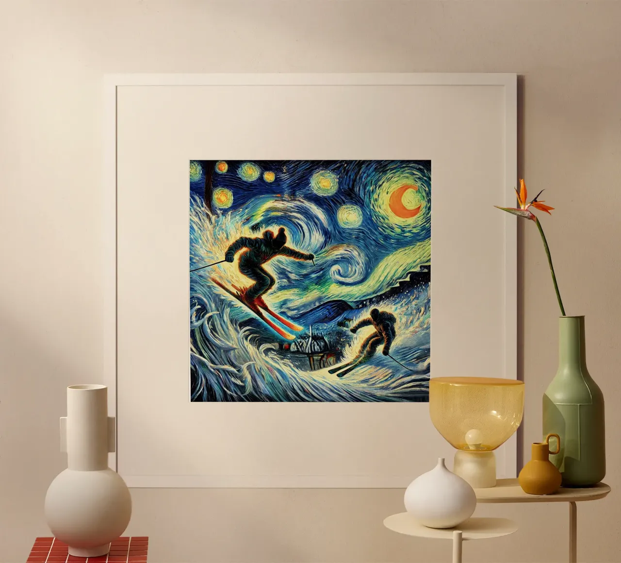 Night-Skiing on Fire poster con telaio in legno da Vintage Van Gogh