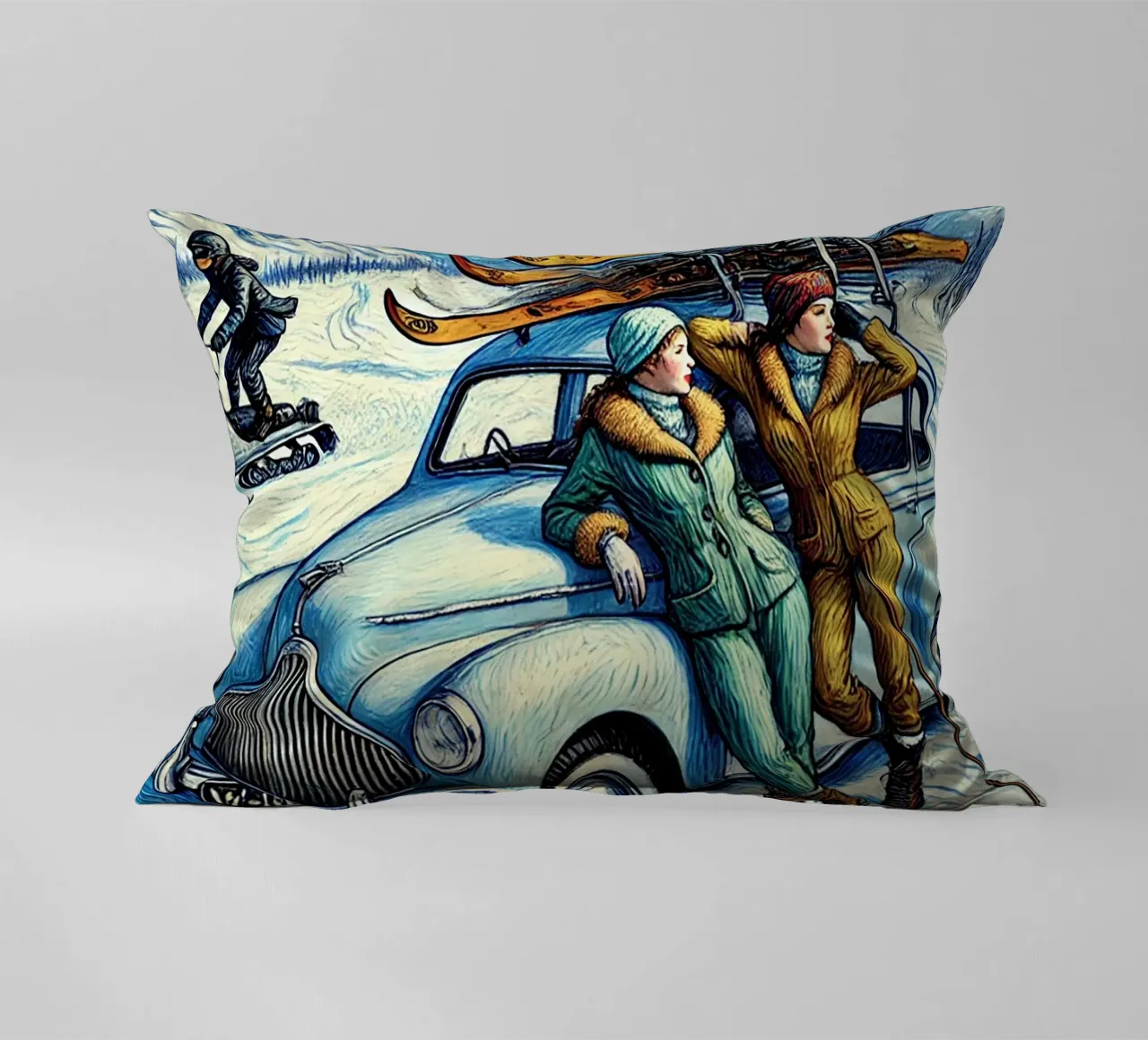 Skiing Ladies Snowmobile cuscino da Vintage Van Gogh
