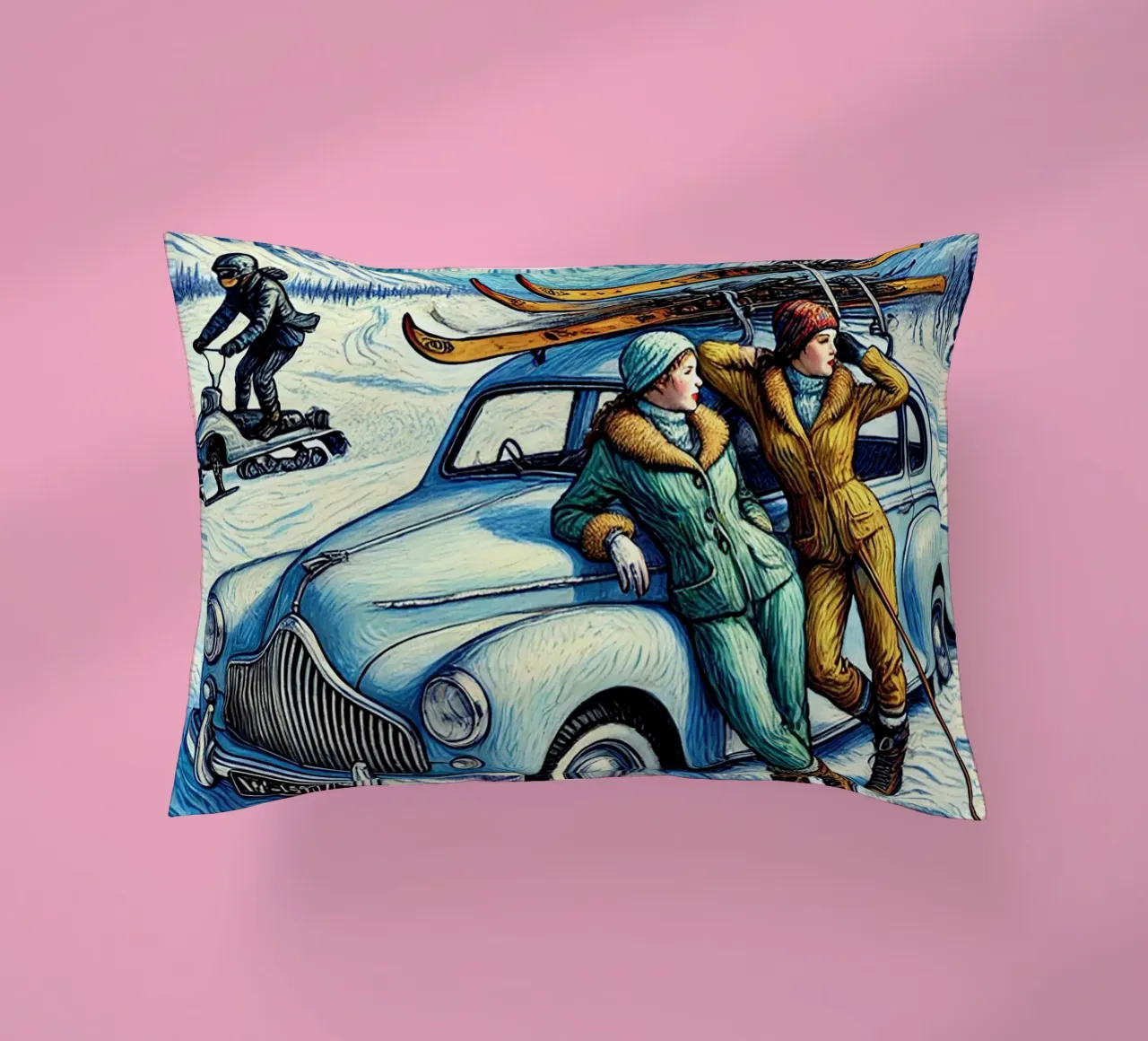 Skiing Ladies Snowmobile cuscino da Vintage Van Gogh