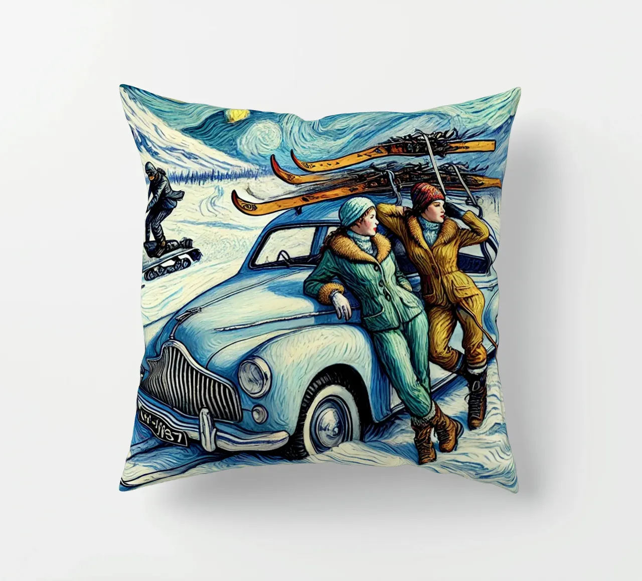 Skiing Ladies Snowmobile cuscino da Vintage Van Gogh